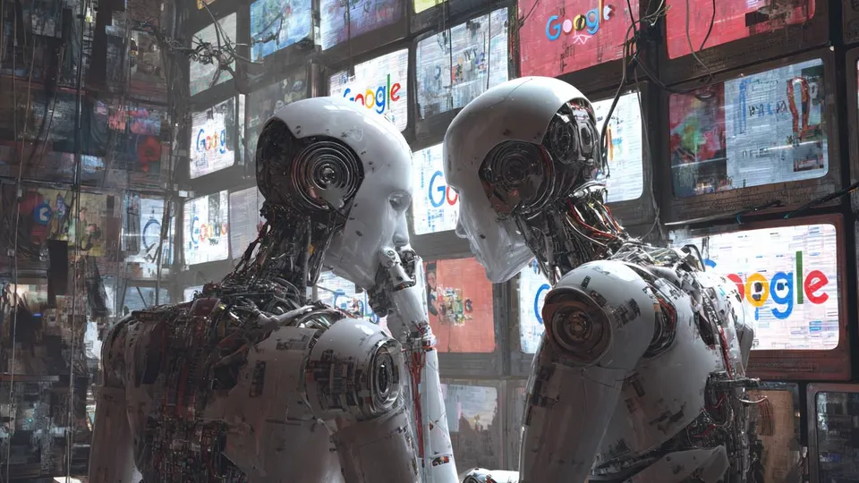 Vad är Google Ads, två robotar framför skärmar med Googles logga som bild av Googles annonsverktyg